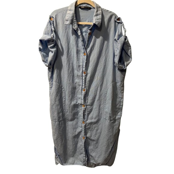 Zara Button-Up Light Blue Midi Shirt Dress With Rolled Sleeves Front Pockets - Picture 1 of 7